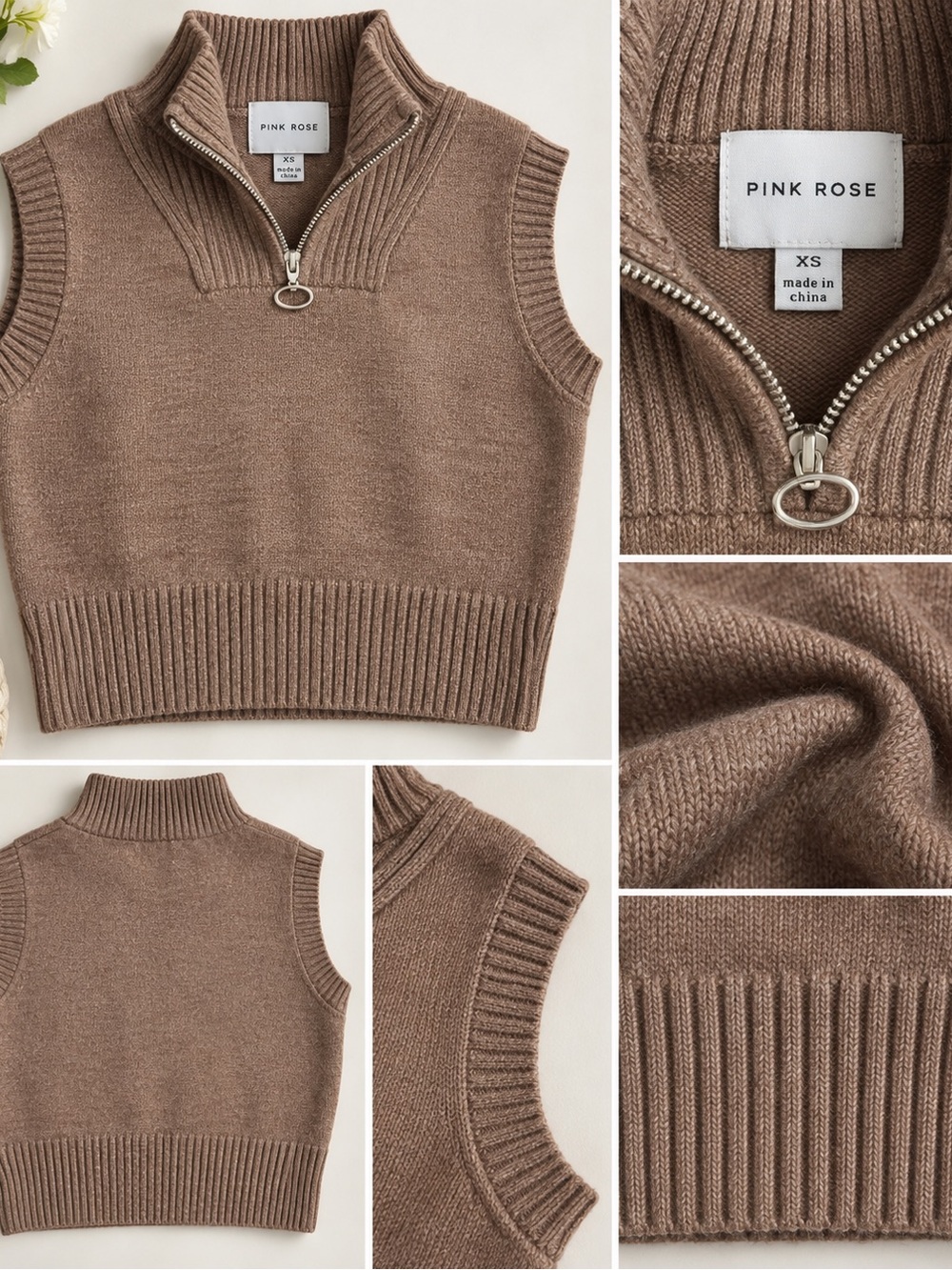 Pink Rose Taupe Brown Sleeveless Zip-Knit Turtleneck Vest